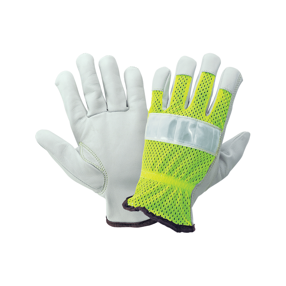 Global Glove High-Visibility Mesh Back Premium Goatskin Leather Palm Drivers Style Gloves -XL from GME Supply